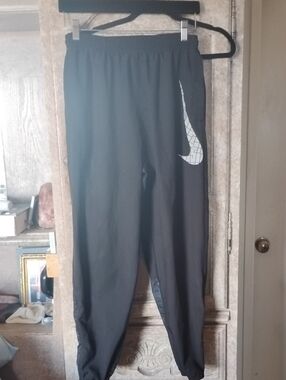 Men's Large Black Athletic Track Pants with Reflective Swoosh